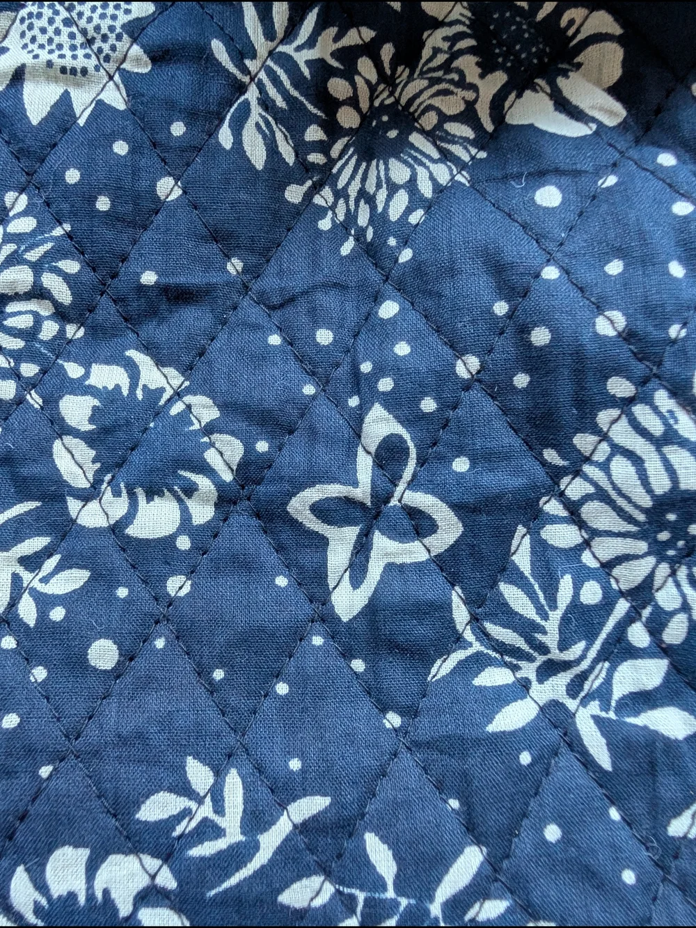 Vintage Navy Blue Quilted Floral Vest with Cream Trim XL 100% Cotton